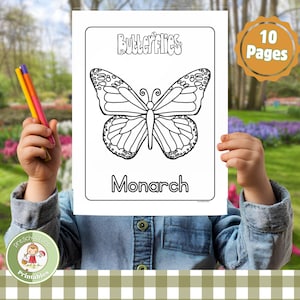 Puede incluir: Una página para colorear en blanco y negro con una mariposa monarca con el texto "Butterflies" y "Monarch". La página es parte de un libro para colorear de 10 páginas.