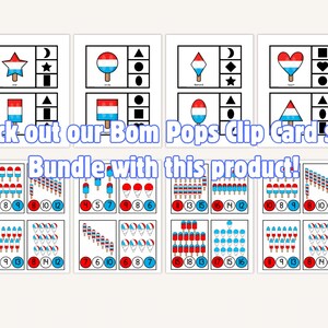 K&ouml;nnte beinhalten: Lernkarten-Set mit Abbildungen von roten, wei&szlig;en und blauen Eis am Stiel, geometrischen Formen und Zahlen. Der Text lautet: "Check out our Bom Pops Clip Card set. Bundle with this product!"