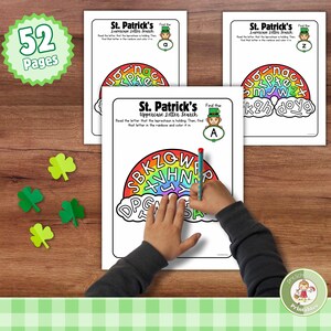 Búsqueda de letras del arcoíris de San Patricio; actividad imprimible del abecedario para educación en el hogar en preescolar y jardín de infantes; plan de estudios de marzo para reconocimiento de letras