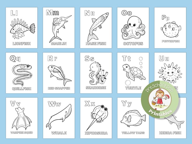 Ocean Animal Alphabet Coloring Sheets Printable Under the Sea Pages ABC ...