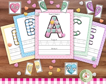 Candy Hearts Alphabet Spiel: Valentinstag Buchstabenverfolgung (PDF)