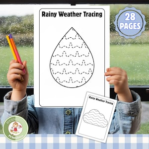 May include: A black and white printable worksheet with the text "Rainy Weather Tracing" and a dotted line tracing activity of a raindrop and a cloud. The worksheet is part of a set of 28 pages.