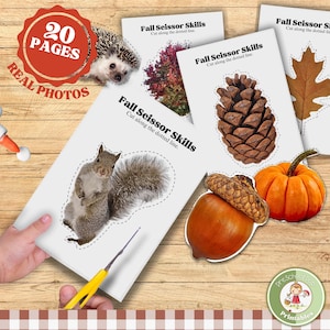 Fall theme cutting practice; REAL PHOTOS scissor skills for prek & kindergarten; Autumn activity for preschool/homeschool; Montessori