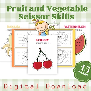 Fruit and Vegetable scissor skills printable cut out pages, pre-k worksheets, fine motor skills development, toddler preschool activities