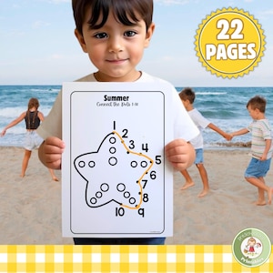 Puede incluir: Un niño sostiene un papel blanco con una forma de estrella de conectar los puntos, numerada del 1 al 10, con la palabra "Summer" en la parte superior. La imagen incluye el texto "22 PAGES" en un círculo amarillo. Otros niños juegan en una playa de arena en el fondo.