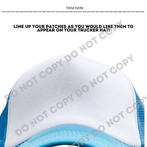 May include: A white trucker hat with a light blue mesh back. The hat is blank and ready to be customized with patches.