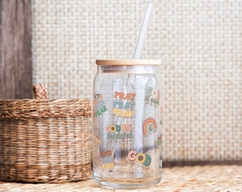 Retro Christian Affirmation Glass Cup, Bible Verse Iced Coffee Tumbler with Lid & Straw