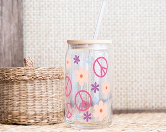 Retro Flower Peace Sign Iced Coffee Glass Cup, 16oz