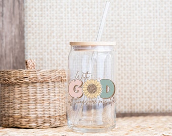 Retro Christian Iced Coffee Cup, Bible Verse Libby Glass with Lid & Straw