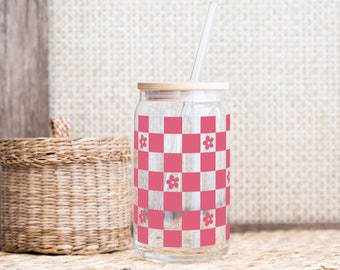 Floral Checkered Iced Coffee Glass Can with Lid & Straw, 16oz