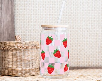 Strawberry Iced Coffee Glass Can (16oz) with Lid & Straw