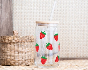 Strawberry Glass Can with Lid & Straw - 16oz Iced Coffee Cup