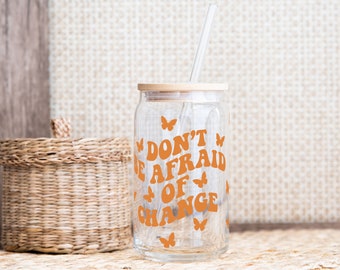 Butterfly Iced Coffee Glass Can with Lid & Straw, 16oz