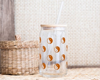 Yin Yang 16oz Sipper Glass - Aesthetic Iced Coffee Cup with Lid & Straw - Balance Design Drinkware - Unique Gifts for Her - Summer Beverage