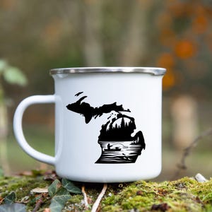 Michigan Campfire Mug 12 oz | Enamel Coffee Cup | The Mitten State Gift | Fishing Michigan Camping Mug | State Souvenir | Fishing Gift