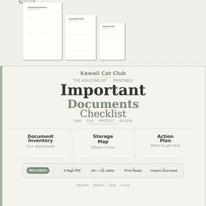 May include: A digital download document checklist with a sage green and white color scheme. The checklist includes sections for document inventory, storage map, and action plan. The text reads "Important Documents Checklist" and "Kawaii Cat Club".
