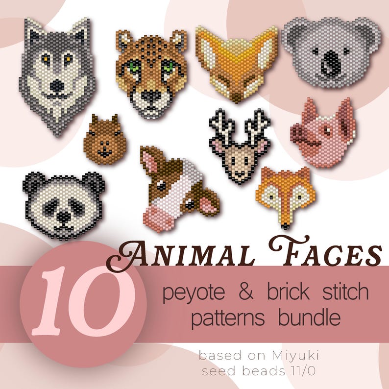 10 Animal Faces Patterns Bundle | Brick Stitch Peyote | Miyuki Delica ...