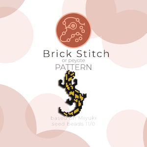 May include: A beading pattern for a black and yellow salamander, using brick stitch or peyote stitch. The pattern is based on Miyuki seed beads size 11/0.