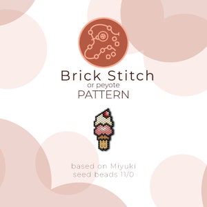 May include: A beading pattern for a three-scoop ice cream cone with a cherry on top. The pattern is based on Miyuki seed beads 11/0 and uses brick stitch or peyote stitch.