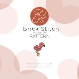 May include: A pink flamingo bead sprite pattern using brick stitch or peyote stitch. The pattern is based on Miyuki seed beads size 11/0.