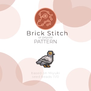 May include: A grey and white pigeon beading pattern using the brick stitch or peyote stitch. The pattern is based on Miyuki seed beads size 11/0.