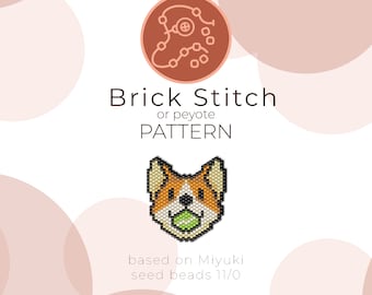 Puede incluir: Un patrón de punto de ladrillo o peyote para hacer un perro corgi con una pelota verde en la boca. El patrón está basado en cuentas de semillas Miyuki de tamaño 11/0.