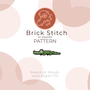 May include: Green crocodile pixel art bead pattern using brick stitch or peyote stitch. Based on Miyuki seed beads 11/0.
