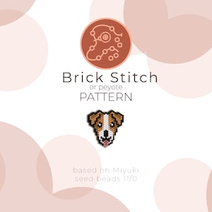 May include: A beading pattern for a dog's head, using brick stitch or peyote stitch. The pattern is based on Miyuki seed beads size 11/0.