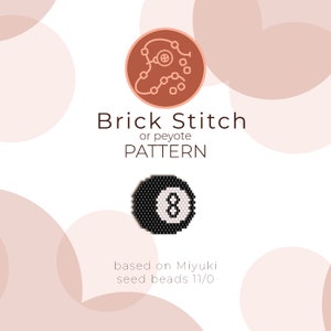 Puede incluir: Un patrón digital para punto de ladrillo o tejido peyote, con un diseño de bola 8 en blanco y negro. El patrón se basa en cuentas de semillas Miyuki 11/0. La imagen también incluye un gráfico circular y las palabras "Brick Stitch or peyote PATTERN."