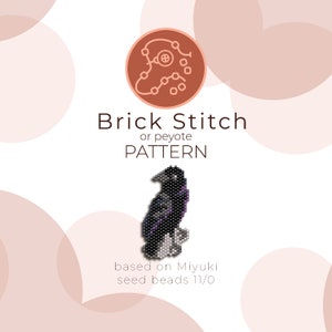 May include: A black and white beaded crow pattern using brick stitch or peyote stitch. The pattern is based on Miyuki seed beads 11/0.