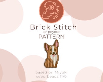 Puede incluir: Un patrón de punto de ladrillo o peyote para un perro marrón y blanco con orejas rosas y una lengua rosa. El patrón está basado en cuentas de semillas Miyuki 11/0.
