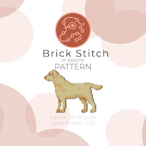 May include: A beading pattern for a yellow labrador retriever dog, using brick stitch or peyote stitch. The pattern is based on Miyuki seed beads size 11/0.