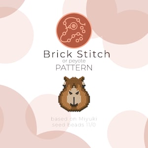 May include: A brown and beige capybara face bead sprite pattern using brick stitch or peyote stitch. The pattern is based on Miyuki seed beads size 11/0.
