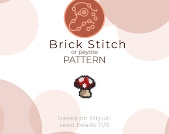 May include: A red and white mushroom bead pattern using brick stitch or peyote stitch. The pattern is based on Miyuki seed beads size 11/0.