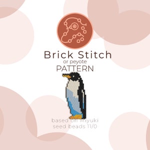 May include: A digital pattern for a beaded penguin, created using brick stitch or peyote techniques. The design features a penguin in black, white, blue, and yellow, based on Miyuki seed beads 11/0. The text reads "Brick Stitch or peyote PATTERN".