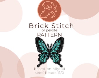 May include: A turquoise and black butterfly beading pattern using brick stitch or peyote stitch. The pattern is based on Miyuki seed beads size 11/0.