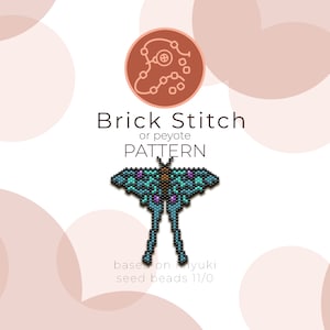 May include: A beading pattern for a blue and green butterfly with purple accents. The pattern is for brick stitch or peyote stitch and uses Miyuki seed beads size 11/0.