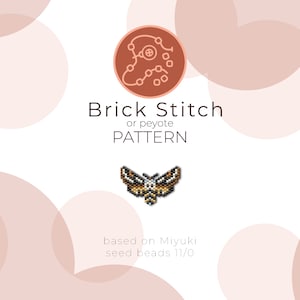 Puede incluir: Una polilla de cuentas con alas marrones, blancas y negras. La imagen incluye el texto "Brick Stitch or peyote PATTERN based on Miyuki seed beads 11/0".
