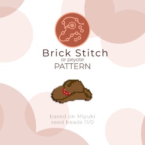 May include: A brown hat with a red bead on top, made with seed beads using the brick stitch or peyote stitch. The image includes the text "Brick Stitch or peyote PATTERN" and "based on Miyuki seed beads 11/0".