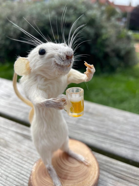 Brewski Bully – ビールを片手に中指を立てている剥製のネズミ