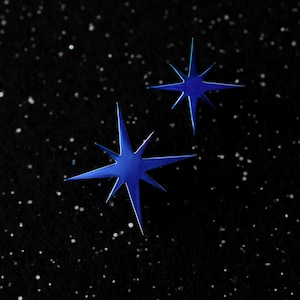 May include: Two bright blue star-shaped ornaments against a black background speckled with white dots. The stars have sharp points and a glossy finish, creating a celestial theme. The image evokes a sense of space and the cosmos.