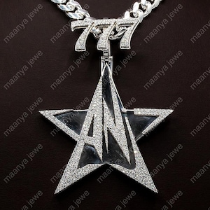 letter with star round cut moissanite diamond party  Pendant, Custom  Pendant, Men&#39;s  Name Pendant, 925 Sterling Silver, white gold pendant