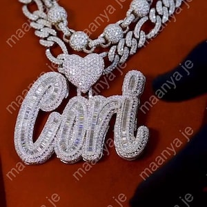custom four letter name birthday party Pendant, Custom round and baguette cut moissanite diamond  Pendant, Men&#39;s Hip Hop Name letter Pendant