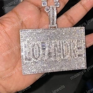 fully whiite round cut and baguette cut Pendant, Custom moissanite diamond pass tester Pendant, Men&#39;s Name Pendant, 925 Sterling Silver