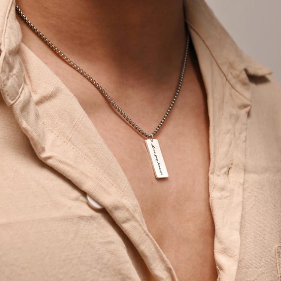 Personalised Mens Bar Name Necklace,men's Personalised Silver Tag - Main Image