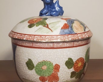 Vintage Wildwood Japanese Hand Painted Crazed Porcelain Bowl W Lid Gold Trim Signed