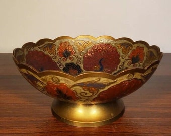 Vintage Enamel Brass Footed Peacock Flowers Deco Bowl Or Trinket Jewelry Dish 7"