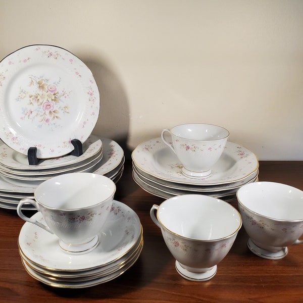 20PC Yong Sheng Porcelain Co. | Fine Bone China Floral Dinner Set | Dinner & Salad Plates, Bowls, Cups, Saucers | 4 Person Setting