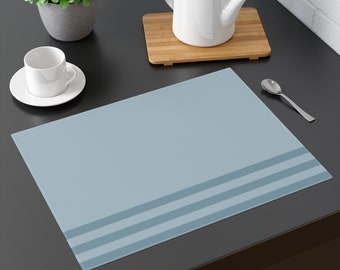 Light blue placemats with blue stripes. Simple and clean design for family dinning table. Modern and unique tabletop design. Gift for mom.