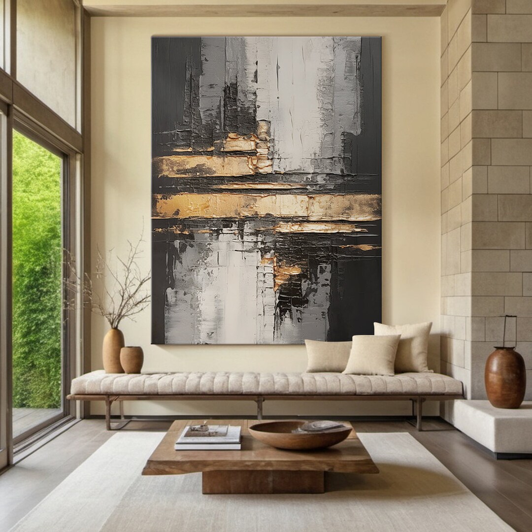 Gray and Black Abstract Canvas Wall Painting, Wabi-sabi Wall Painting ...